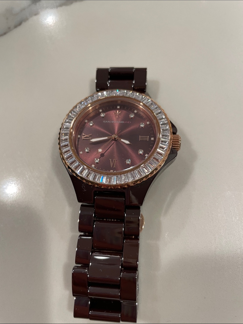 Isaac Mizrahi Burgundy Link Watch with Crystal Bezel